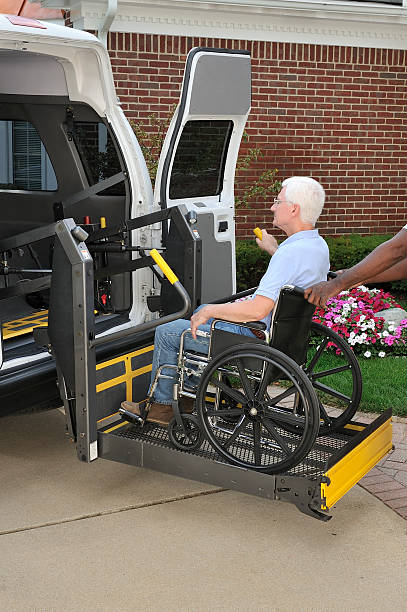 istockphoto-171571071-612×612 A non-emergency medical transportation representative is loading a wheel chair customer into a medical transportation vehicle.